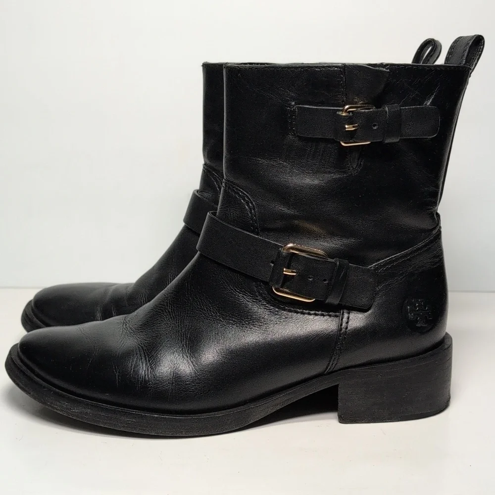 Tory Burch Bennie Black Combat Moto Boots with Buckle Straps womans size 7.5